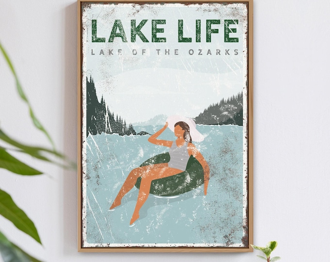 custom LAKE LIFE poster > Lake of the Ozarks coastal decor, self care gift on floatie tube, natural forest green lake house art print {VPL}