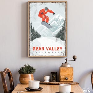 vintage snowboard sign canvas > snowboarding poster for CALIFORNIA ski house decor, BEAR VALLEY wall art (or custom mountain) {vph}