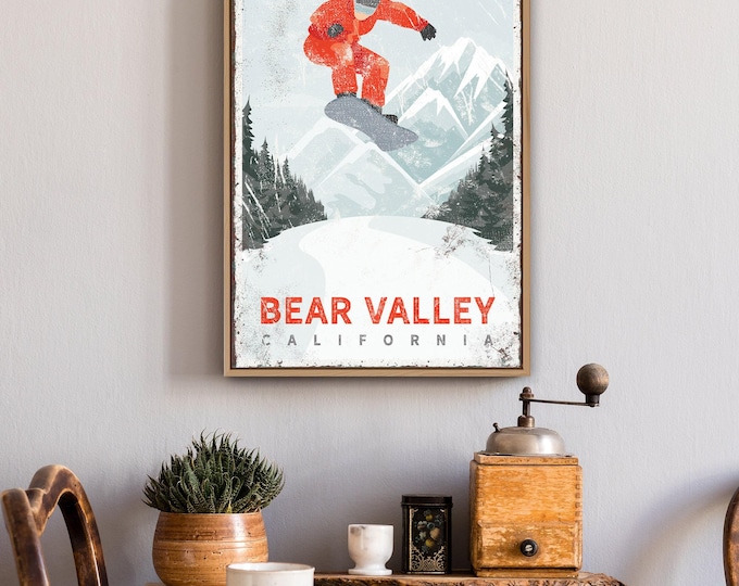vintage snowboard sign canvas > snowboarding poster for CALIFORNIA ski house decor, BEAR VALLEY wall art (or custom mountain) {vph}
