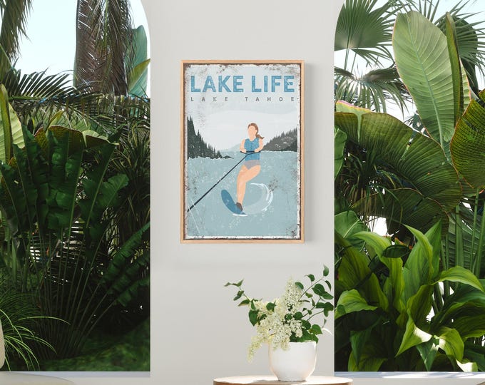 Personalized Decor, Lake Life Poster, Water Ski Decor, Custom Lake Art Print, Vintage Blue Tahoe Sign, Indoor Outdoor Wall Gift {vpl}