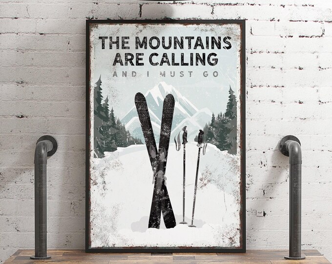 Vintage Ski Sign Wall Art - Rustic Cabin Black White Decor