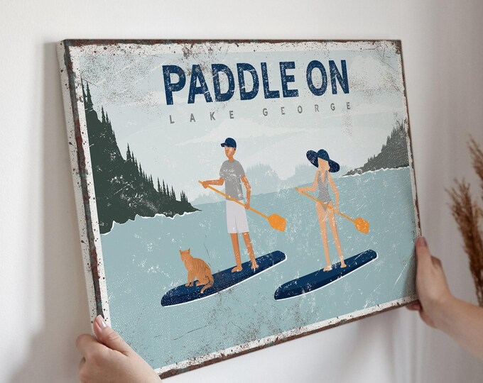 Lake House Wall Poster: Retro Paddleboard Art - Custom Navy Blue Print