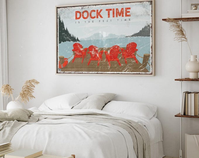 vintage DOCK TIME is the best time sign, red adirondack chairs poster, personalized lake house decor, retro lake art, lake landscape {VPL}