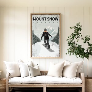 Black Snowboarding Lodge Art, Mount Snow Vermont Poster, Custom Winter Home Decor, Framed Snowboard Gift for Her, Female Snowboarder, vpw