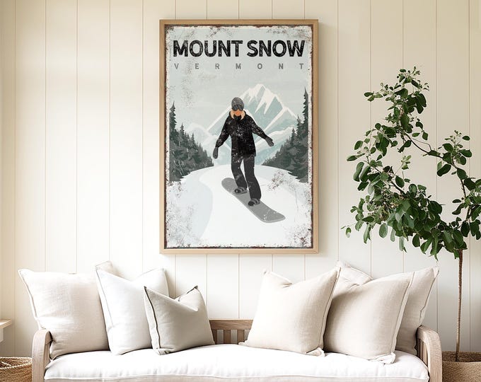 Black Snowboarding Lodge Art, Mount Snow Vermont Poster, Custom Winter Home Decor, Framed Snowboard Gift for Her, Female Snowboarder, vpw