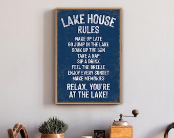vintage "lake house rules" sign > navy blue sign art print, custom lakehouse decor, distressed lake house gift, vacation rental decor