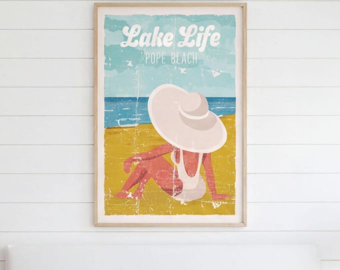 Lake Life Wall Decor, Pope Beach Sandy Shore Sun Hat Woman, Lake House Beach Gift