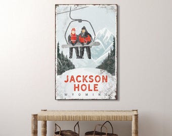 distressed ski sign on canvas, distressed ski mountain wall art, snowboard on ski lift, poster personalized for JACKSON HOLE Wyoming {vph}