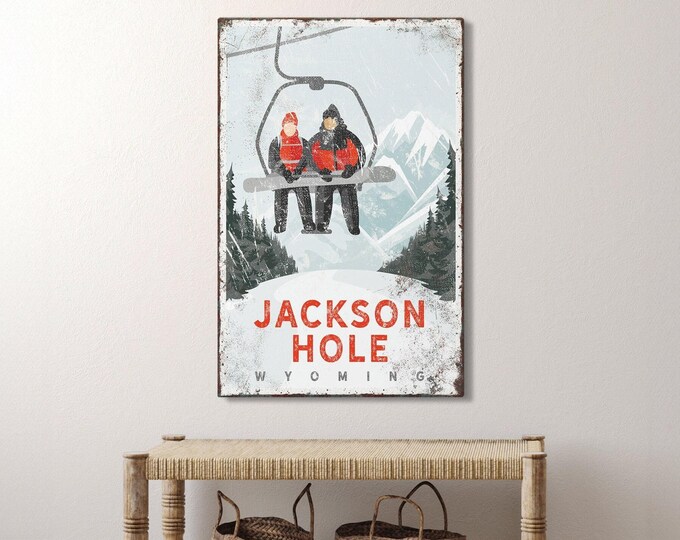 distressed ski sign on canvas, distressed ski mountain wall art, snowboard on ski lift, poster personalized for JACKSON HOLE Wyoming {vph}