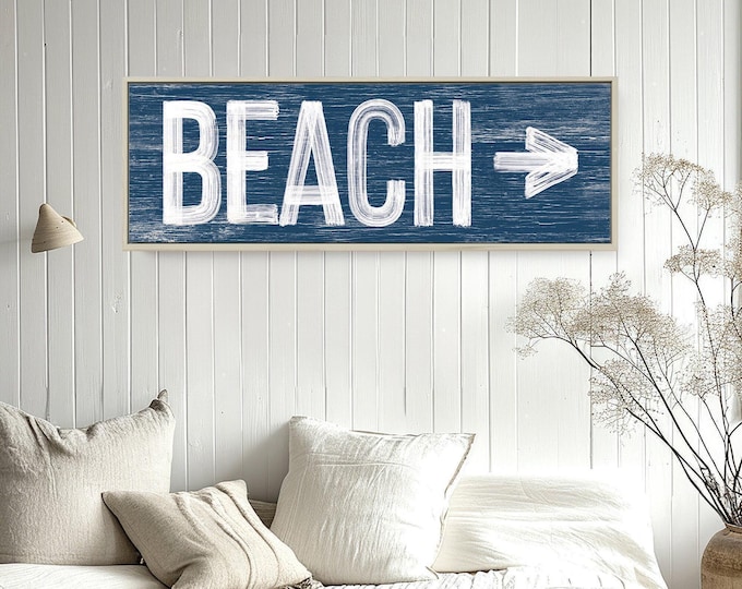 Navy White Sign, Beach Arrow Wall Art Pointing To The Water, Long Coastal Directional Print