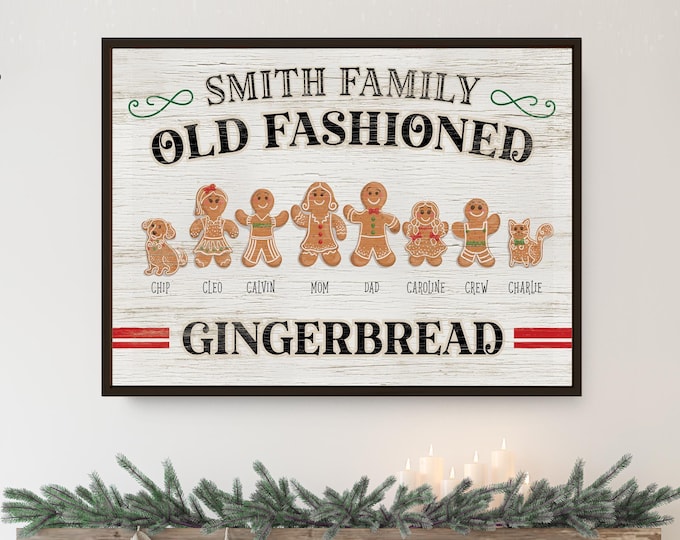 Family Name Sign, Personalized Old Fashioned Gingerbread with Nine Named Cookies, Dog and Cat