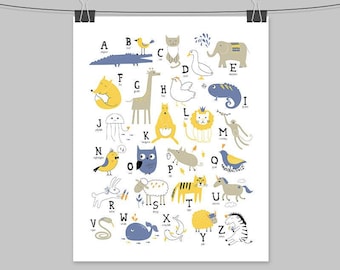 Animal Alphabet Wall Art: Yellow, Blue & Gray Nursery Print