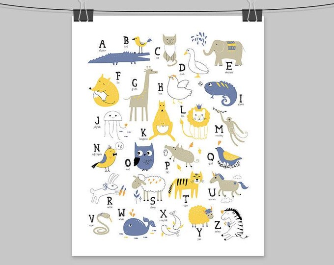 Animal Alphabet Wall Art: Yellow, Blue & Gray Nursery Print
