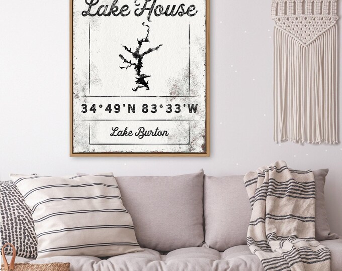 Black Lake Art Map, Welcome To Our Lake House Sign, Custom Name And Coordinates