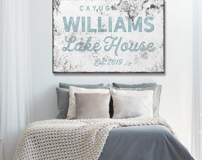Lake House Artwork, Personalized Family Name Sign, Dusty Blue and White Decor