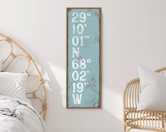 Coordinates as vertical wall art, latitude and longitude in light blue and white