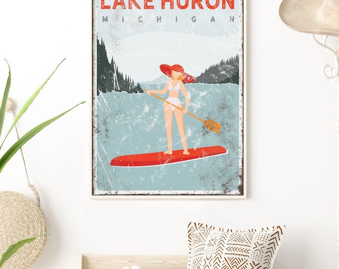 vintage lake sign > personalized paddleboard on lake art print, nautical canvas print, modern lake house decor (Lake Huron shown) {VPLPWLRR}