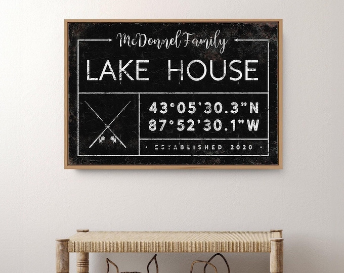 Lakehouse Canvas Sign, Personalized Fishing Design (Name, Coordinates)
