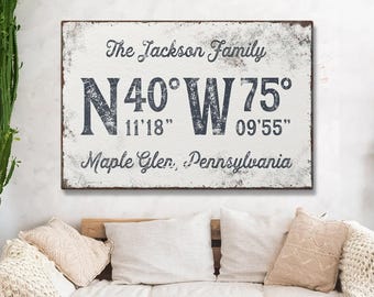 Big numeral navy sign, coordinates with your family name and town in rust