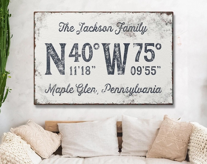 Big numeral navy sign, coordinates with your family name and town in rust