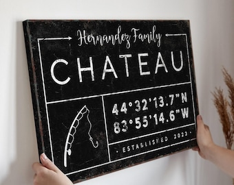 Custom Vintage Chateau Sign, Coordinates, Fishing Rod Art (Multiple Sizes)