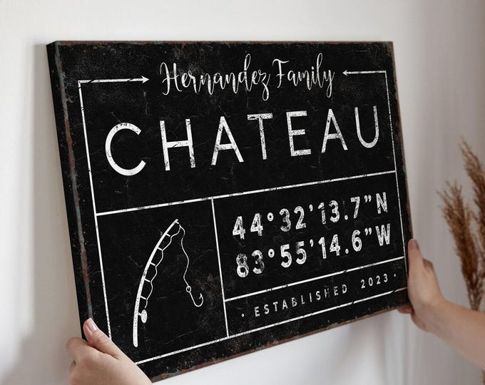 Custom Vintage Chateau Sign, Coordinates, Fishing Rod Art (Multiple Sizes)
