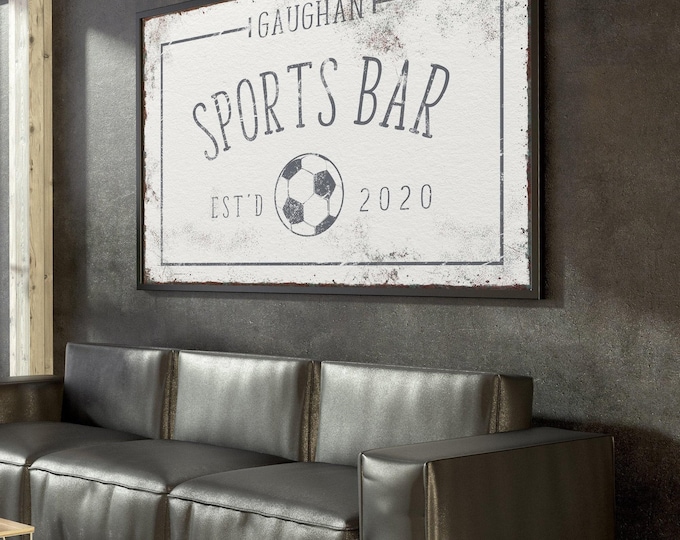 Sports Bar Sign Custom Name Charcoal Cream Soccer Ball Man Cave Decor