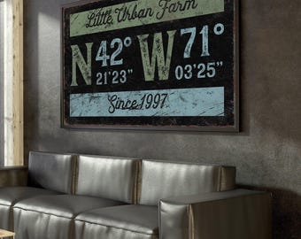 Urban Farmhouse Canvas Sign, Distressed Black (Custom GPS Coordinates)