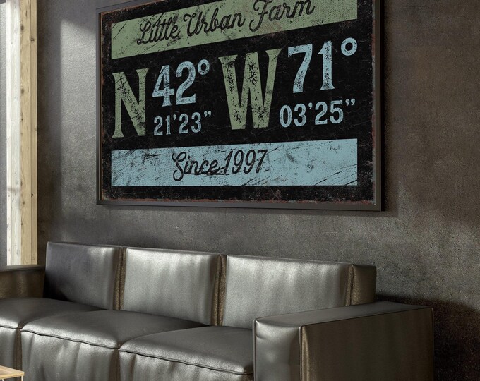 Urban Farmhouse Canvas Sign, Distressed Black (Custom GPS Coordinates)