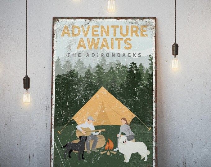 personalized vintage CAMPING POSTER with dogs, with black labrador & great pyrenees custom text, Adventure Awaits in sample {vpt}