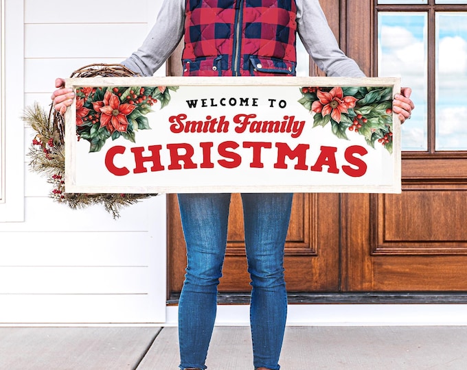 Family Christmas Canvas Sign, Poinsettia & Holly (Custom Name)