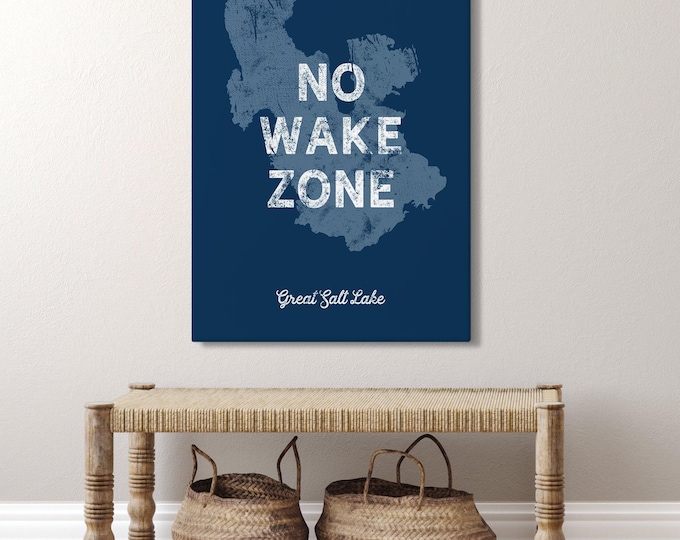 Custom Lake Map Sign, No Wake Zone Print, Navy And Slate Blue, Personalized Lake Name