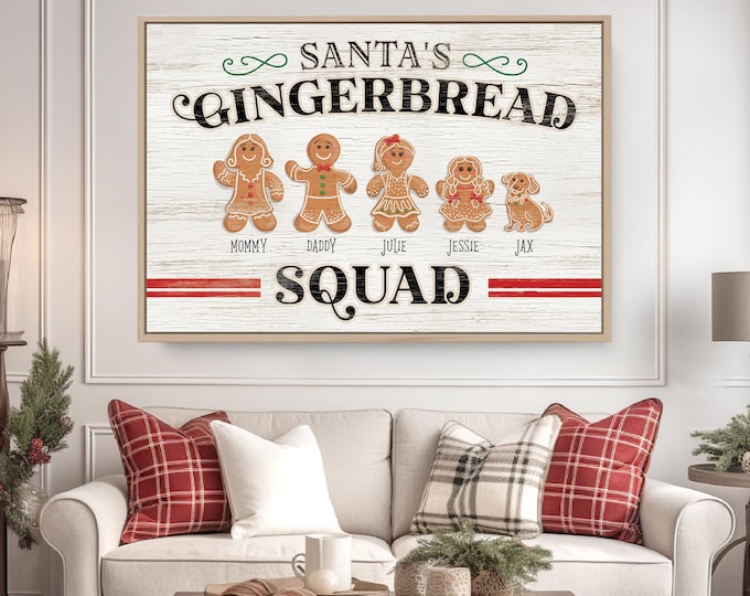 Gingerbread Family Wall Sign, Holiday Decor (Custom Names, Distressed Wood)
