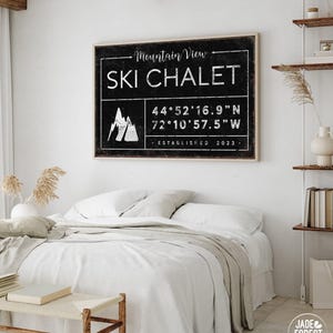 vintage SKI CHALET sign, personalized last name canvas, winter wall art, custom coordinates with ski mountain, vintage farmhouse decor {gdb}
