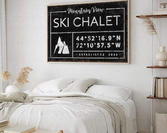 vintage SKI CHALET sign, personalized last name canvas, winter wall art, custom coordinates with ski mountain, vintage farmhouse decor {gdb}