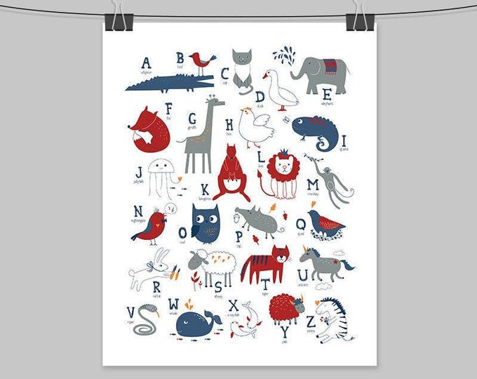 Navy and Red Alphabet Poster - Animal Letters for Nursery