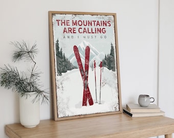 Personalized Ski Mountain Poster - Vintage Maroon Lodge Decor, The Mountains Are Calling