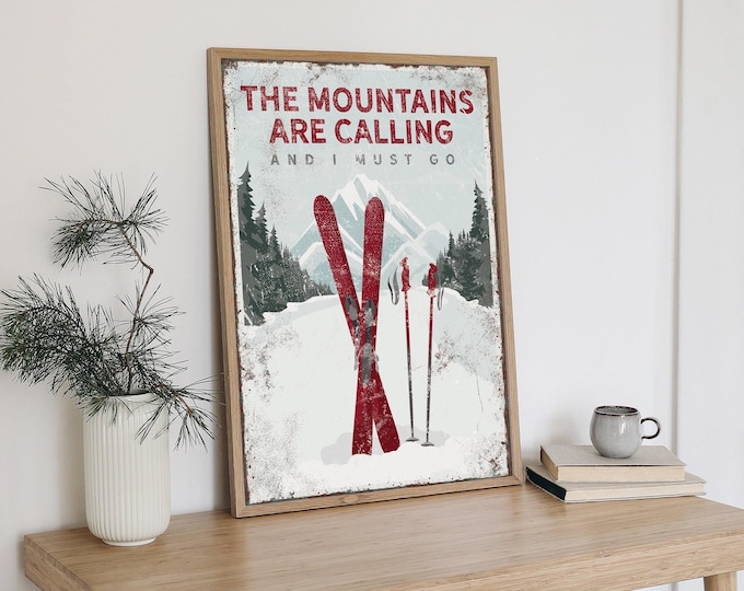 Personalized Ski Mountain Poster - Vintage Maroon Lodge Decor, The Mountains Are Calling