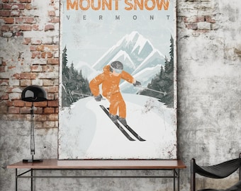 Vintage Ski Poster, Mount Snow Vermont, Orange Mountain Art (Customizable Text)