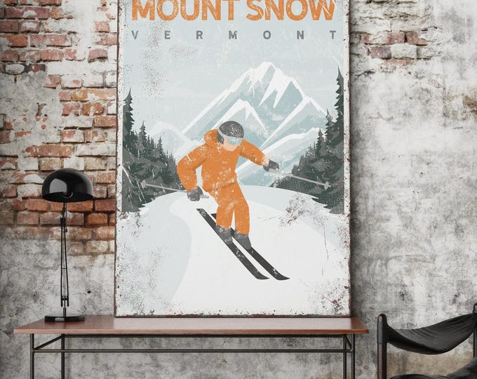 Vintage Ski Poster, Mount Snow Vermont, Orange Mountain Art (Customizable Text)