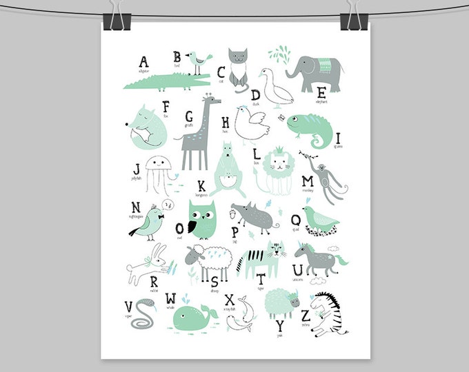 mint alphabet sign / wall art print / letters, animal ALPHABET poster / modern kids' room, mint nursery sign ▷ archival matte paper print