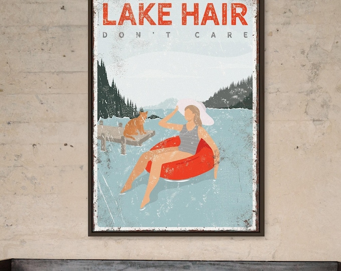 Personalized Lake Sign: Vintage Style with Cat on Dock