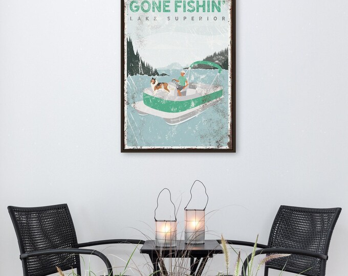 Vintage Pontoon Boat Wall Art: Mint Green with Border Collie