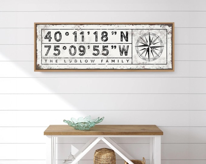 custom COORDINATES sign > large canvas print with latitude & longitude, personalized GPS location compass rose art for farmhouse decor {sgw}
