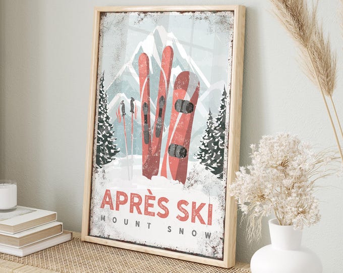 Ski Lodge Wall Art, Vintage Coral Poster (Mount Snow Vermont)