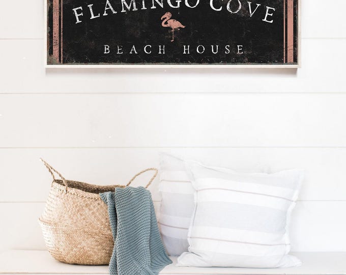 Retro Flamingo Beach House Sign: Custom Curved Text on Canvas