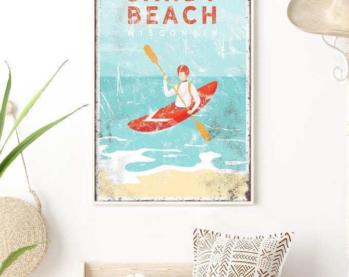 Sandy Beach Kayak Print, Personalized Coastal Wall Art With Your Town And State