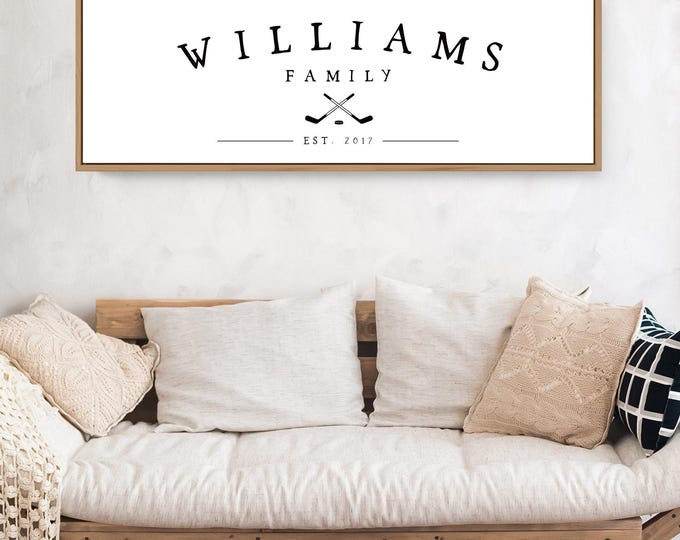 Large Hockey Sign, Family Name Sign, Framed Sports Print, Personalized Canvas, Black and White Farmhouse Wall Art, Curved Text Design
