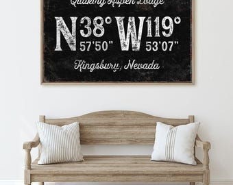 Rustic Lodge Cabin Sign, Personalized Coordinates (Black & White Print)