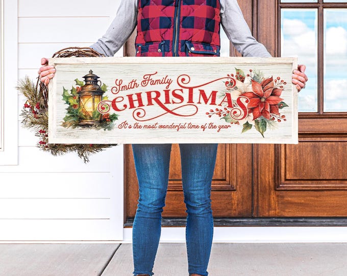 Custom Family Christmas Sign - Rustic Lantern with Poinsettia Artwork